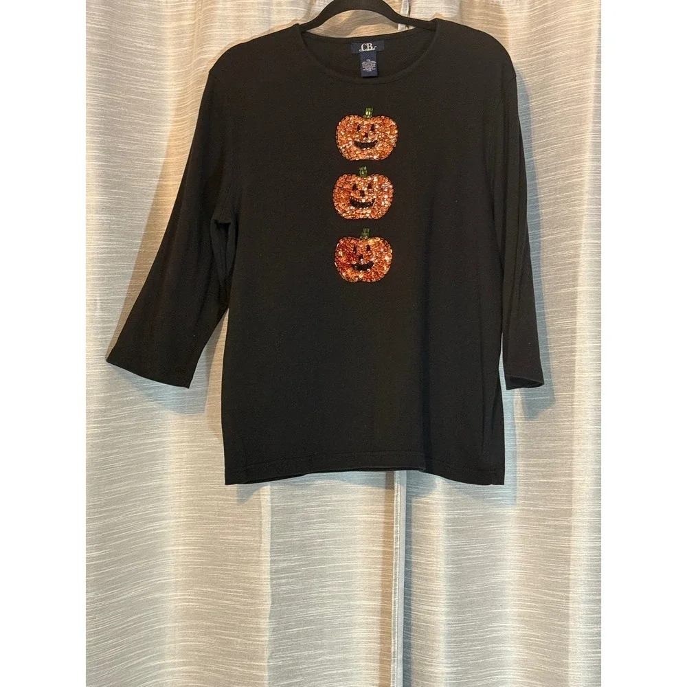 CJ Banks Halloween Sequin Embellished Pumpkin Jack O Lantern Black Women's Sz XL